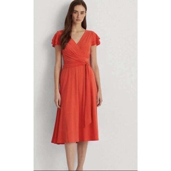Ralph Lauren Dresses & Skirts - Lauren Ralph Lauren Orange Red Surplice Jersey Flutter-Sleeve Belted Dress 18 W